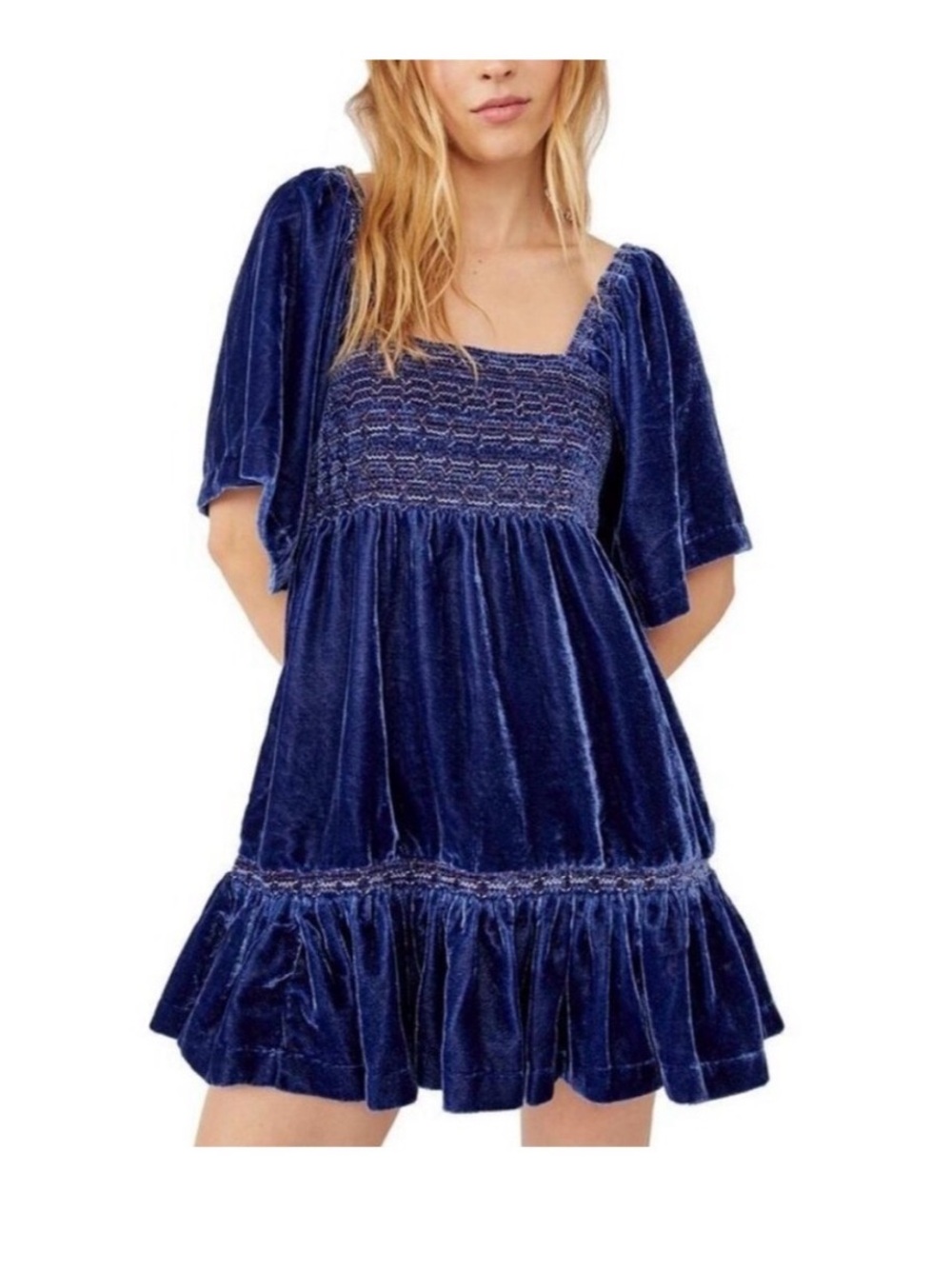 Free people blue easy to love flutter sleeve velvet mini dress size XS